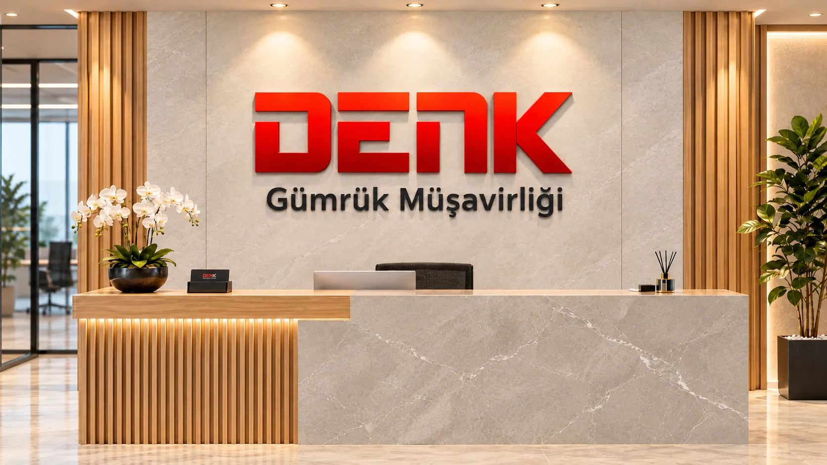 Denk Gümrük Müşavirliği resepsiyon alanı ve logo duvarı